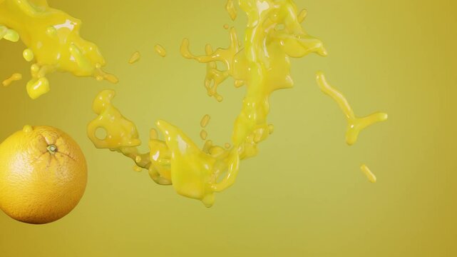 Fresh orange juice splash. Orange juice liquid explosion with orange on orange gradient background. 3d render. 3d animation.