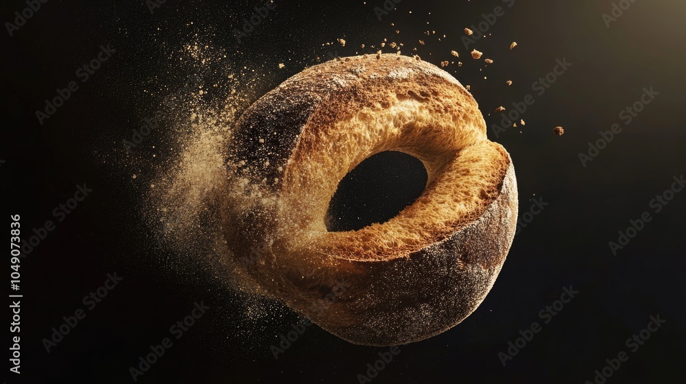 Poster close up of a doughnut with a hole in the middle. the doughnut is covered in powdered sugar and he i