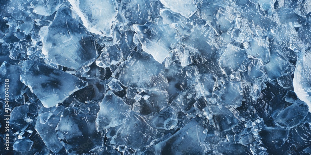 Poster blue background with ice and snow. the ice is broken up into many pieces. scene is cold and desolate
