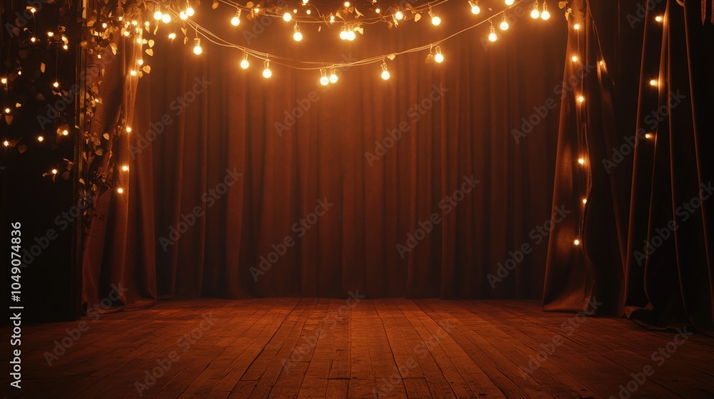 Poster dark room with a curtain hanging in the background. the curtain is lit up with lights, creating a wa