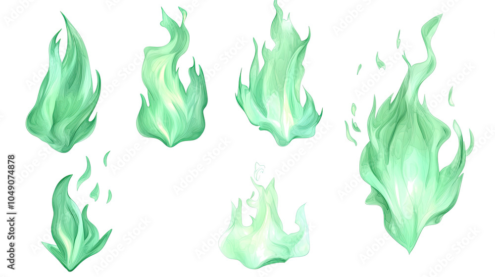 Poster set of green flames isolated on a transparent background generative ai