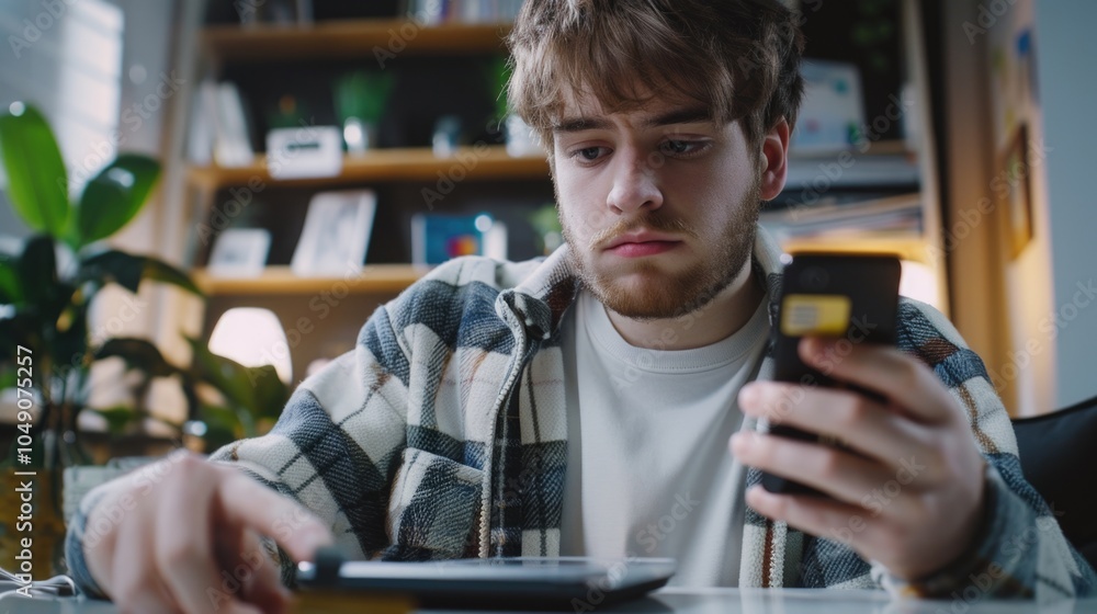 Poster man is sitting at a table with a cell phone in his hand. he is looking at the screen with a serious 