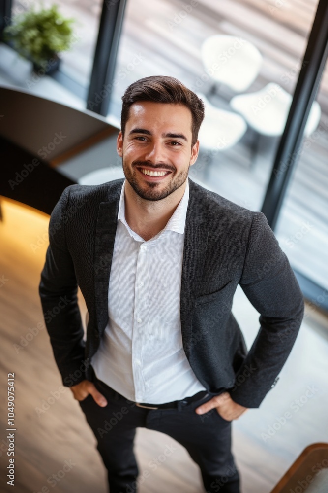 Poster man in a suit and tie is smiling and posing for a picture. concept of confidence and professionalism