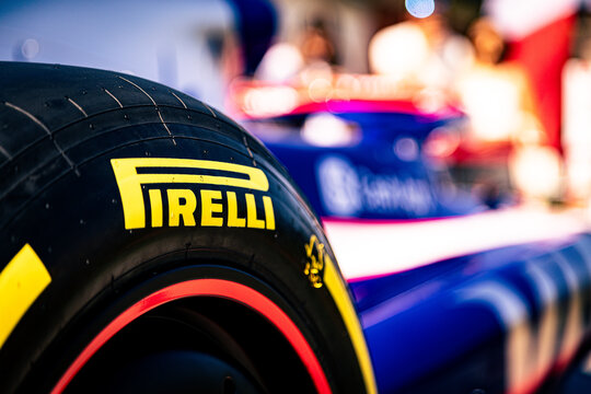 Warsaw, Poland &ndash; September 7, 2024: A close-up view of a Formula 1 showcar fitted with Pirelli racing tires on display during a promotional event in the city. The high-performance vehicle, featuring a