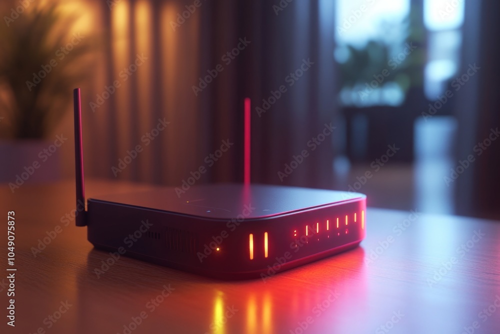 Poster small black box with a red light on it sits on a table. the box is a wi-fi router and is surrounded 