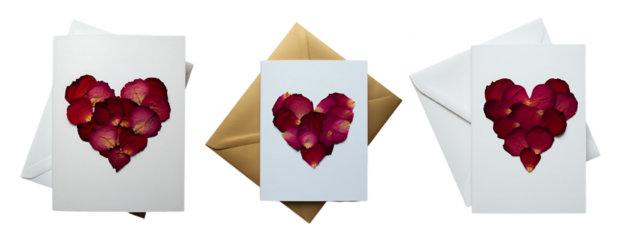 Romantic Greeting Cards with Heart-Shaped Rose Petals Design  isolated on a white background