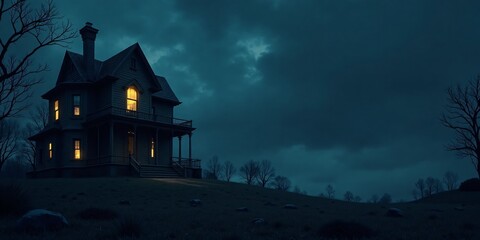 Halloween spooky haunted mansion with glowing windows on the left side, with a dark night sky on the right, leaving space for text.