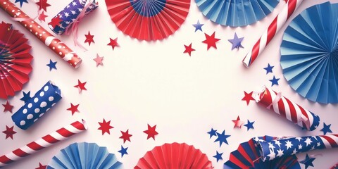 Obraz premium Banner with red, white, and blue paper fans and stars. The banner is for a patriotic event