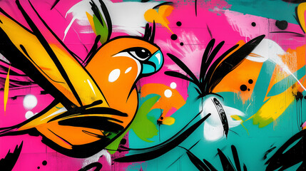 Horizontal 90s graffiti style background showing colorful tropical jungle pattern foliage and orange parrot.