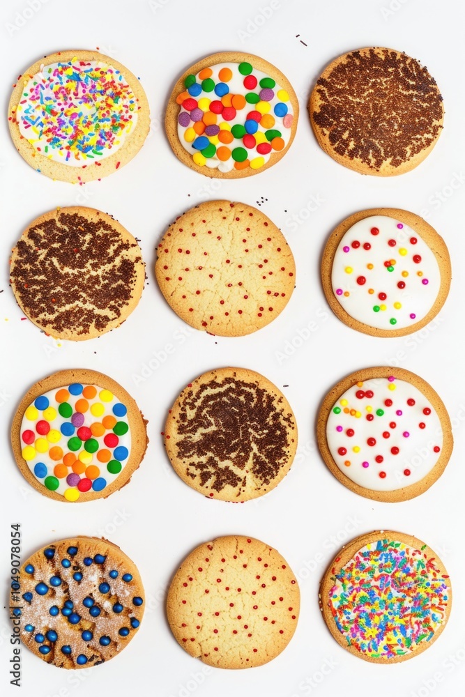 Aufkleber row of colorful cookies with sprinkles on top. the cookies are arranged in a grid pattern, with each
