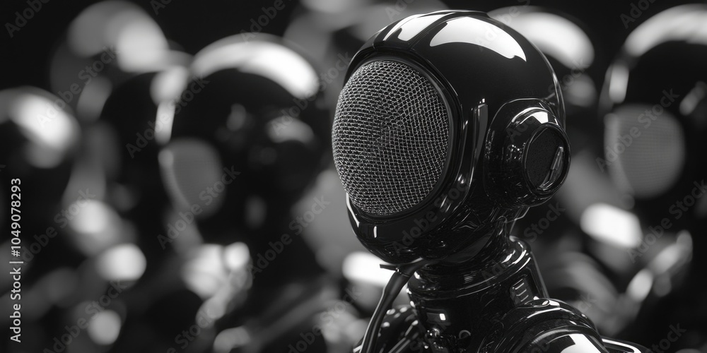 Poster robot with a microphone is surrounded by other robots. concept of unity and teamwork among the robot