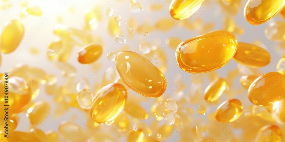 Poster close up of many small yellow pills floating in the air. the pills are all different sizes and are s
