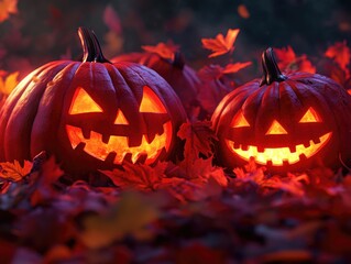 Autumn pumpkins on leaf pile