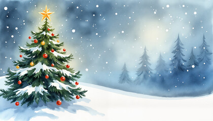 Fototapeta premium Christmas tree adorned with decorations and lights in a snowy winter landscape.