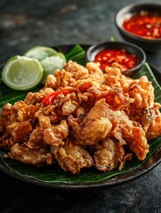 Plate of fried food with a side of lime wedges. The plate is on a black background