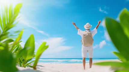 Person enjoying a sunny beach day with arms raised, surrounded by lush greenery and ocean views
