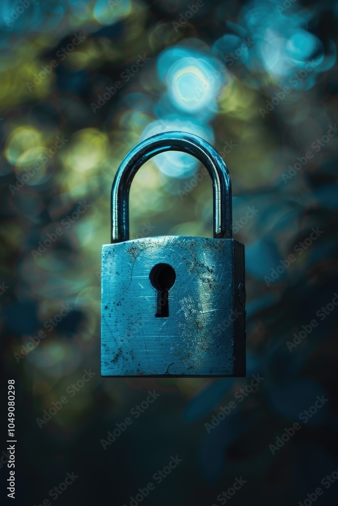 Poster blue lock with a keyhole is suspended in midair. the lock is old and rusted, and the keyhole is miss