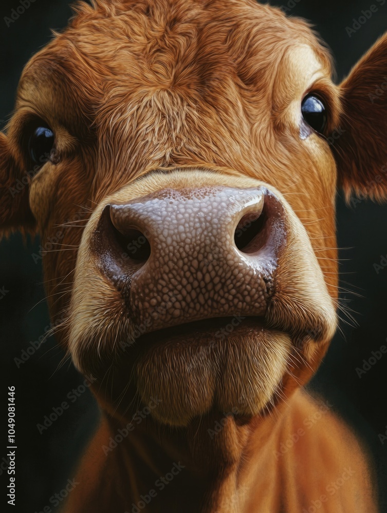 Poster close up of a cow's face with a nose that is slightly crooked. the cow's eyes are wide open, and it 