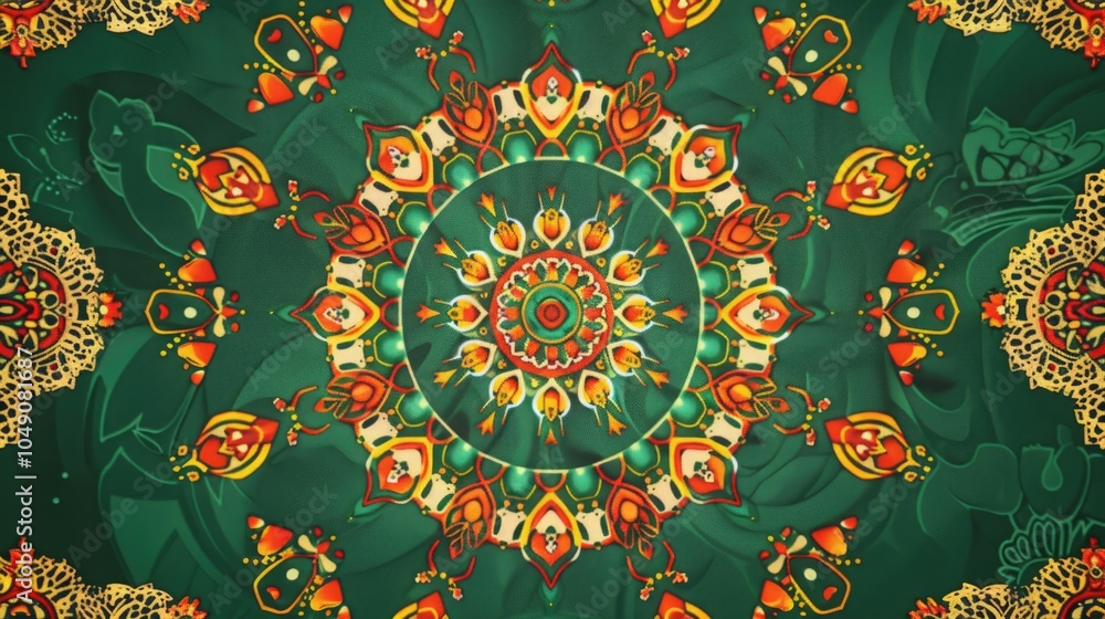 Poster green and gold patterned background with a large circle in the center. the circle is surrounded by s