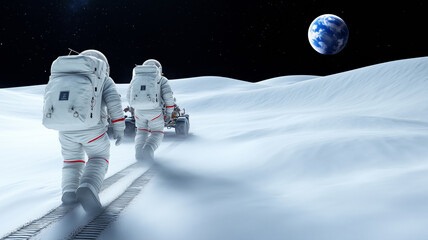 Astronauts exploring a lunar landscape with Earth visible in the night sky