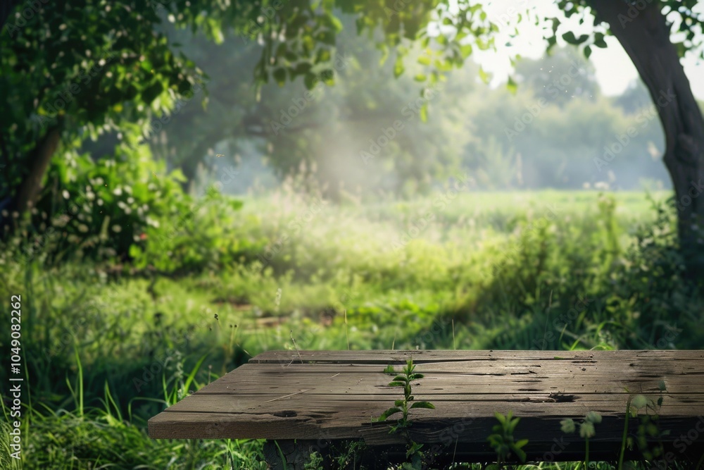 Poster wooden picnic table in a lush green field with a view of trees. the table is empty and the grass is 