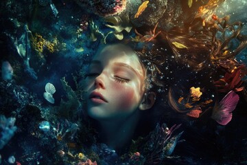 Woman's head is submerged in a sea of colorful plants and fish. Concept of tranquility and peacefulness, as the woman is sleeping or resting in the underwater environment
