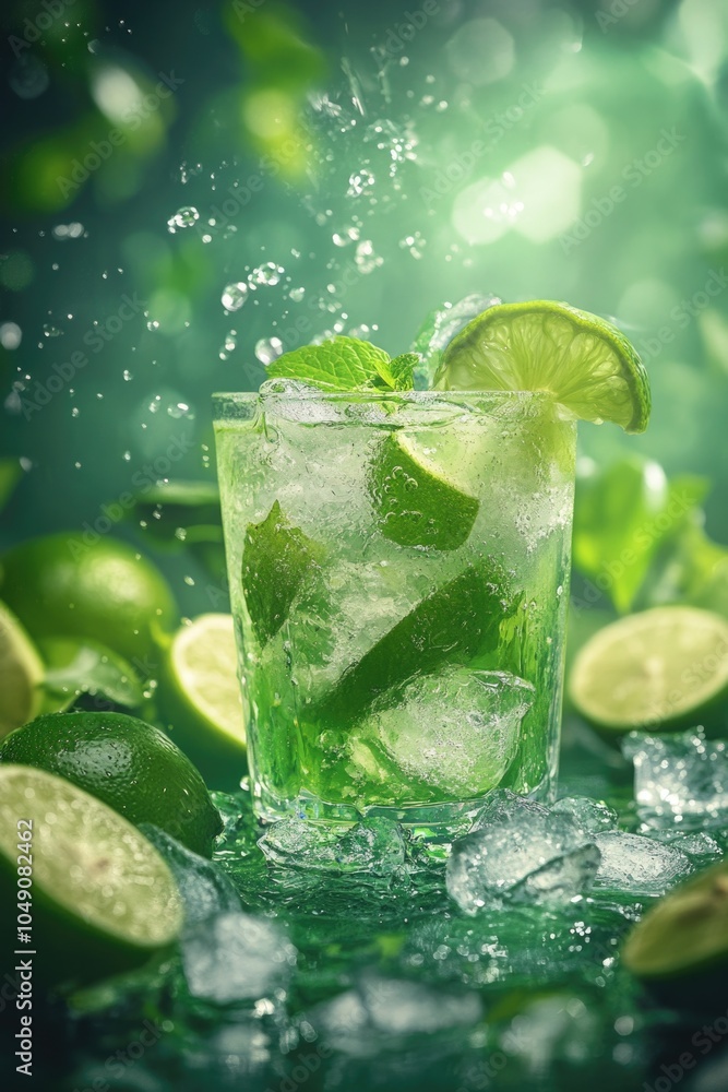 Poster glass of green drink with a lime slice in it. the drink is cold and refreshing. the lime slices are 