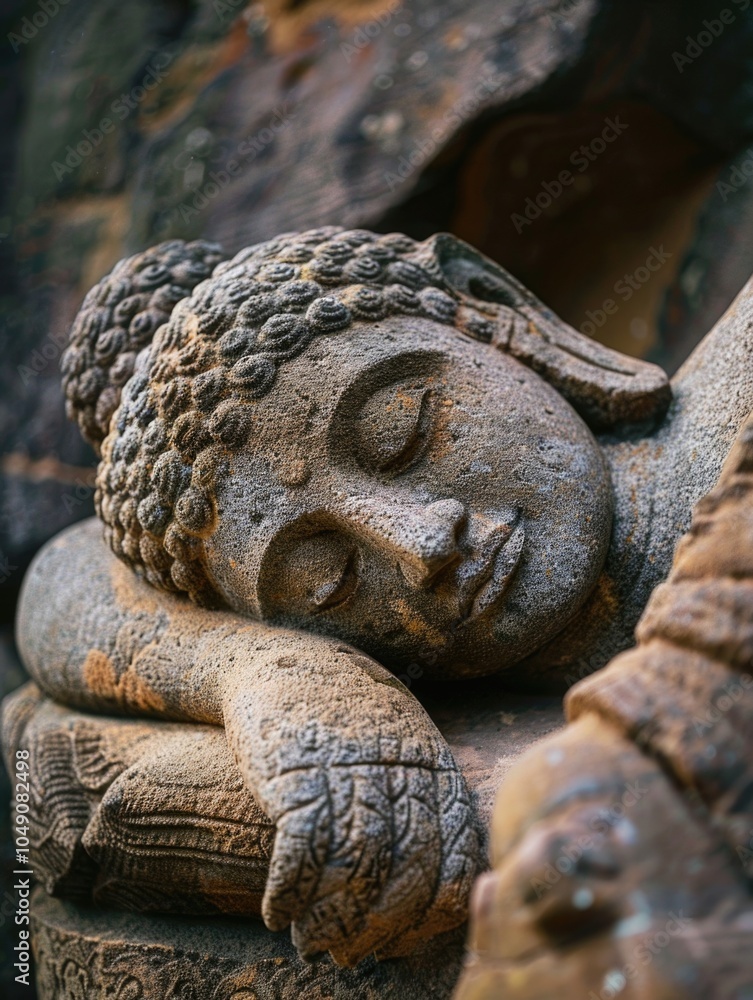 Poster statue of a sleeping buddha is resting on a stone slab. the statue is made of stone and has a serene