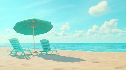 Fototapeta premium A serene beach scene featuring two chairs under an umbrella by the ocean.