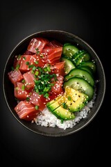 Bowl of food with a variety of vegetables and rice. The bowl is black and the food is colorful