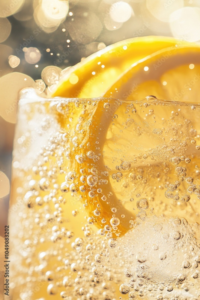 Poster glass of soda with a slice of lemon on top. the bubbles in the soda are visible and the lemon slice 