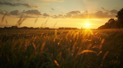 Fototapeta premium Field of tall grass with a bright sun in the sky. The sun is setting and the sky is filled with clouds