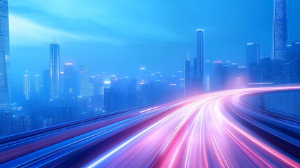 Fototapeta premium Illuminated city skyline with flowing light trails at dusk, showcasing urban energy and vibrancy