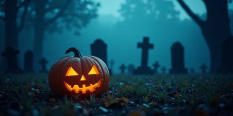 Obraz premium Spooky halloween A jack-o'-lantern in a foggy graveyard on the left side, with an eerie blue sky on the right for Halloween messages.