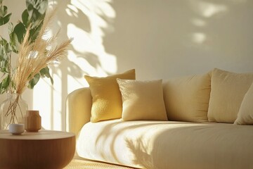 Interior design of living room with cushion at comfortable sofa, wooden side table with plants in vase, elegant accessories and cozy rug. generative ai