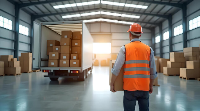 Outside of Logistics Retailer Warehouse, Worker Loading concept Delivery Truck with Cardboard Boxes p2