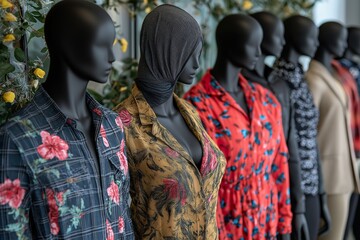 Fototapeta premium Diverse mannequins showcasing various body types and fashion styles in a retail setting during daylight