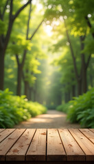 Fototapeta premium Natural forest path with soft sunlight filtering through trees and wooden foreground 