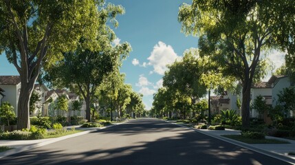 A serene suburban street lined with trees and houses under a clear blue sky.