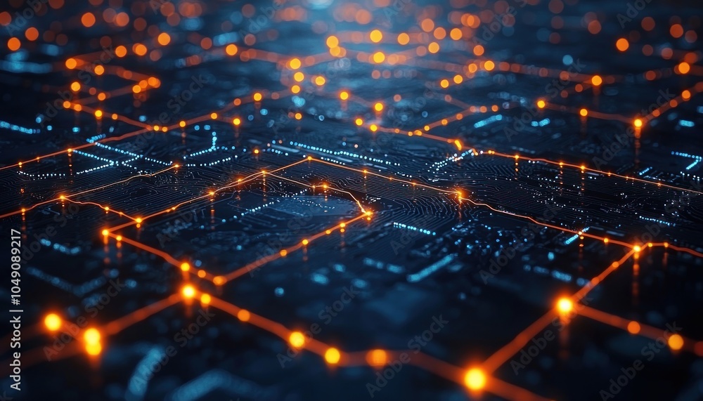 Poster abstract circuit board with glowing orange lines and nodes