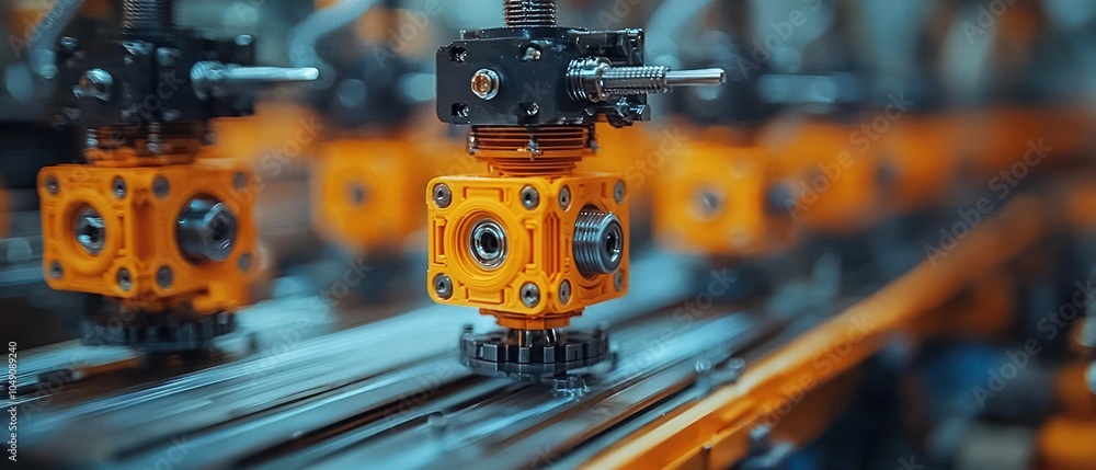 Poster close-up of a yellow and black machine part moving on a conveyor belt