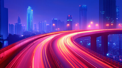 Fototapeta premium Vibrant night view of a bustling city skyline with traffic light trails on a highway