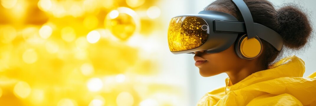 A student wearing a virtual reality headset, engaged in hands-on STEM learning, set against a vibrant yellow background