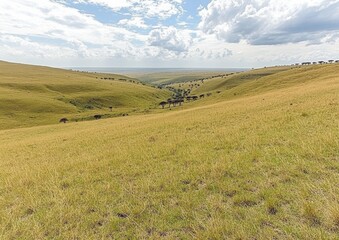Fototapeta premium Vast African Savannah Landscape with Rolling Hills Under Blue Sky with Clouds, Grazing Wildebeests and Endless Grasslands in Masai Mara National Reserve, Kenya