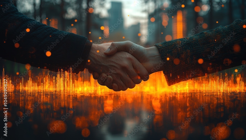Poster two hands shaking with a cityscape and lights in the background