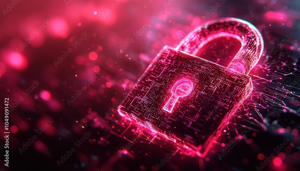 Aufkleber Glowing Red Padlock on Abstract Circuit Board Background