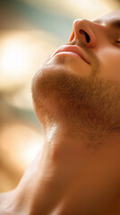 Naklejka premium Close-up shot, person receiving a neck massage, warm lighting highlighting relaxed muscles, soft background blur with spa-like setting, soothing and calm mood
