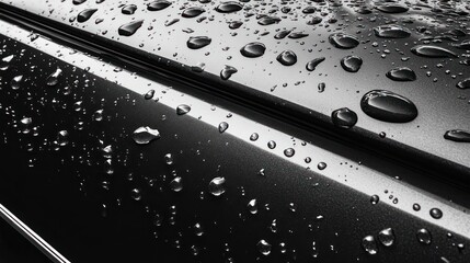 Close-up of water droplets on a sleek, dark surface, showcasing texture and reflection.