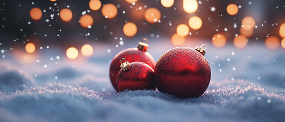 Fototapeta premium Red Christmas Ornaments in the Snow with Sparkling Lights