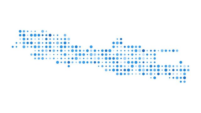 Java dotted digital map. Map of Java with pulsating colored circles. Shape of the island filled with blue disks. Charming video.